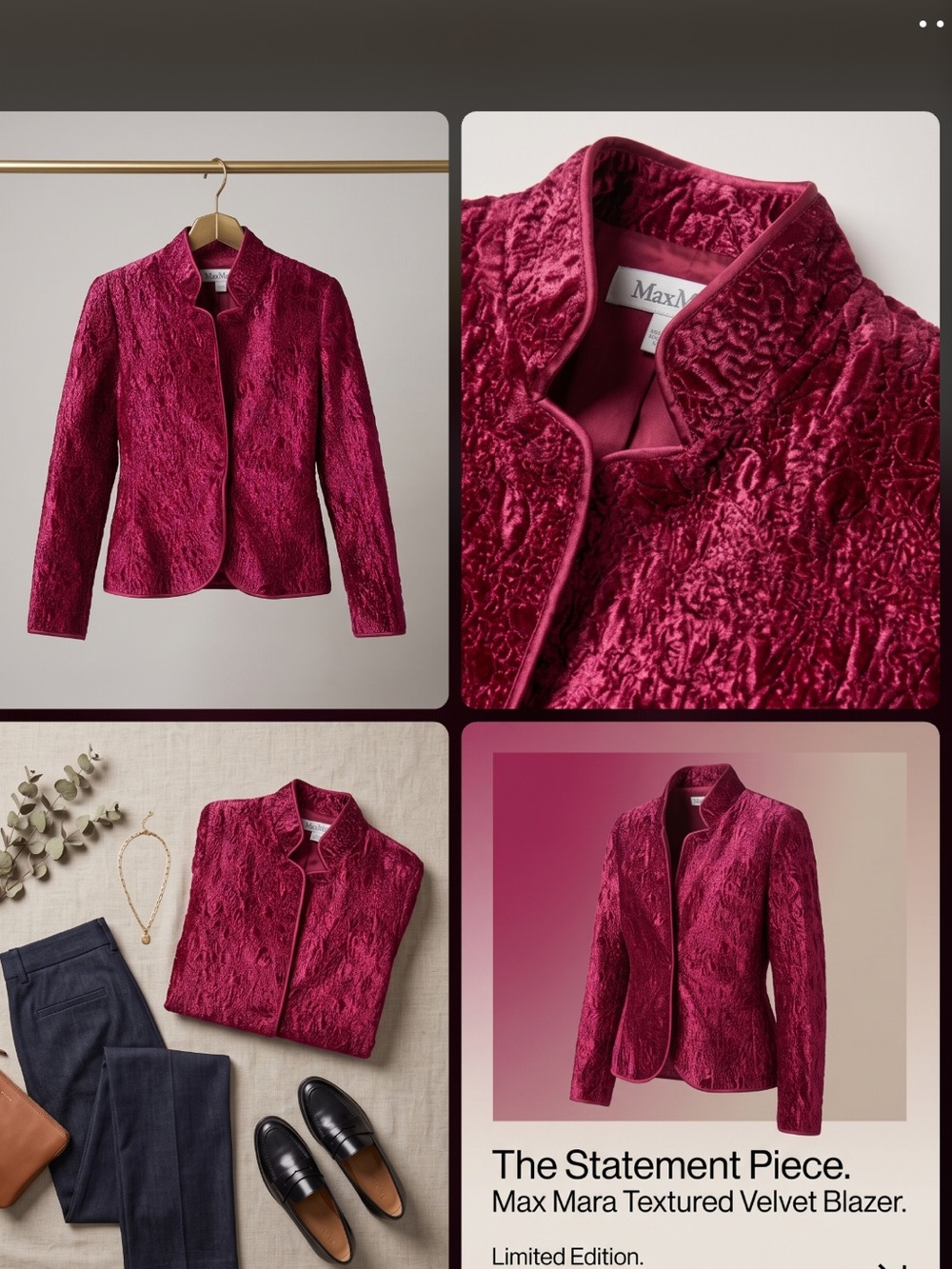 NWOT Max Mara LIMITED EDITION crimson red hue velvet textured blazer jacket sz 4